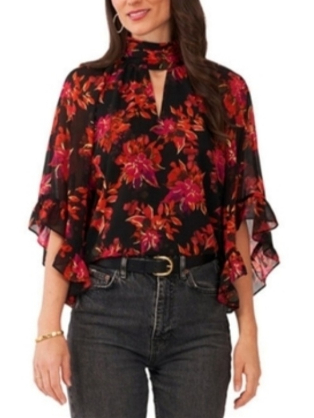 Vince Camuto Bright Floral Flowy Flutter Sleeve Blouse Sz XL
